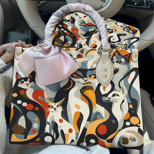 Cat Leather Bag Whimsical Geometric