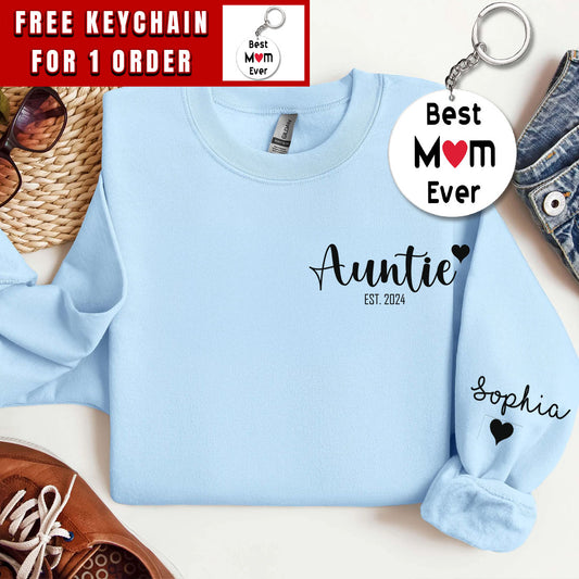 Custom Auntie Sweatshirt, Personalized Aunt Hoodie With Nieces Nephews Names On Sleeve, Pregnancy Reveal Outfit, Mothers Day Clothing Gifts