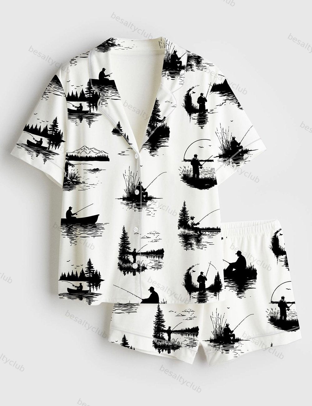 Man Fishing Lake Fisherman Silhouette Outdoor Fishing Relaxing Nature Short Sleeve Satin Pajama Set