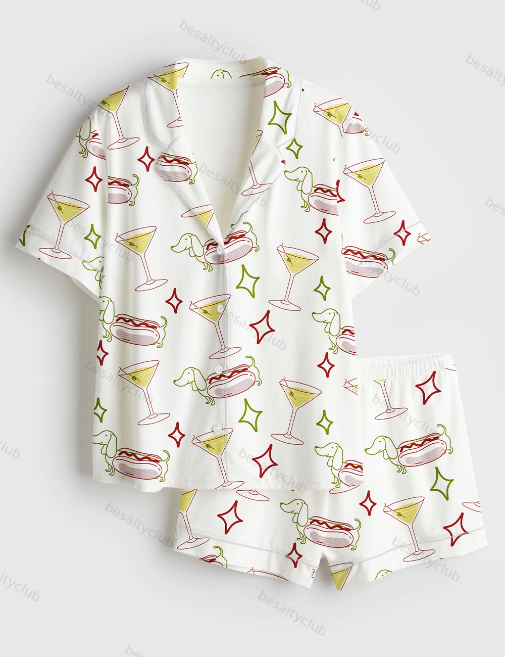 Dachshund Weenies And Tinis Bachelorette Or Birthday Hot Dogs And Martinis Print Short Sleeve Satin Pajama Set