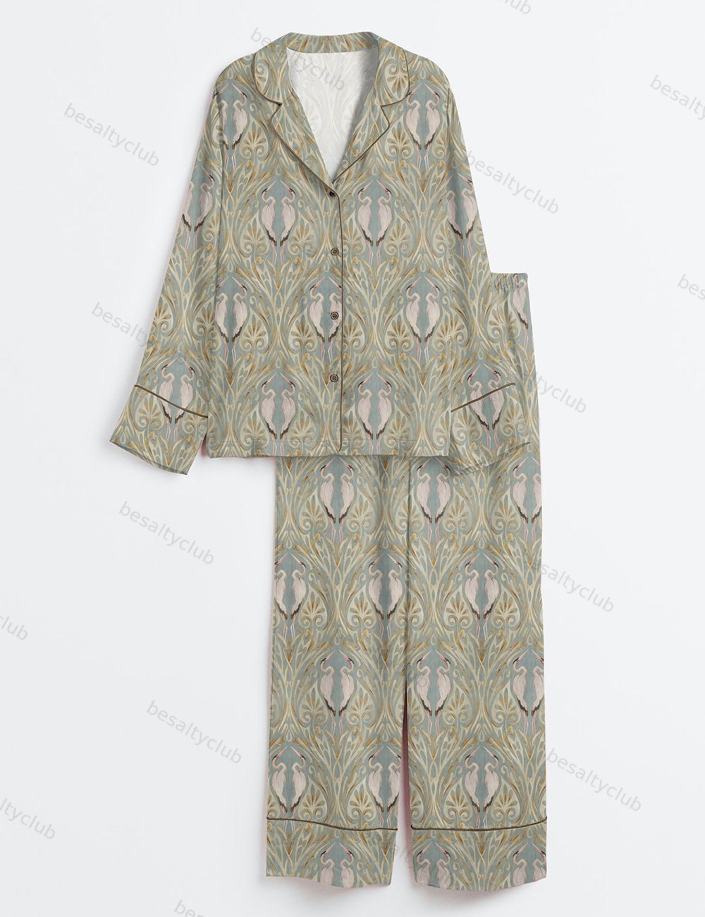 Art Nouveau Cranes With Vintage Texture Print Long Sleeve Satin Pajama Set