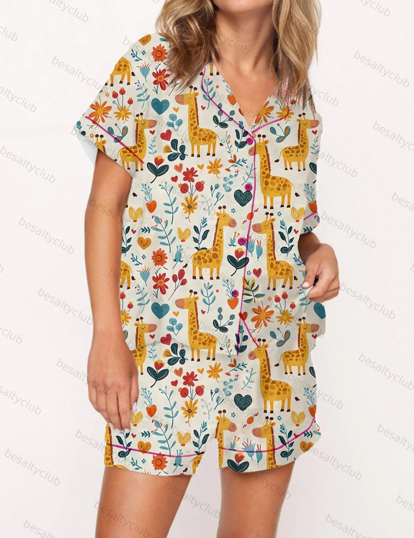 Floral Giraffes Print Satin Pajama Short Set