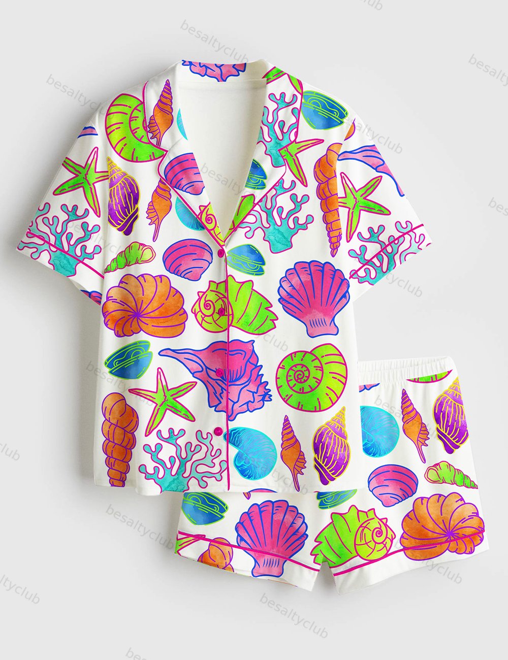 Summer Coquette Seashell Beach Coastal Summer Vibes Clam Starfish Short Sleeve Satin Pajama Set