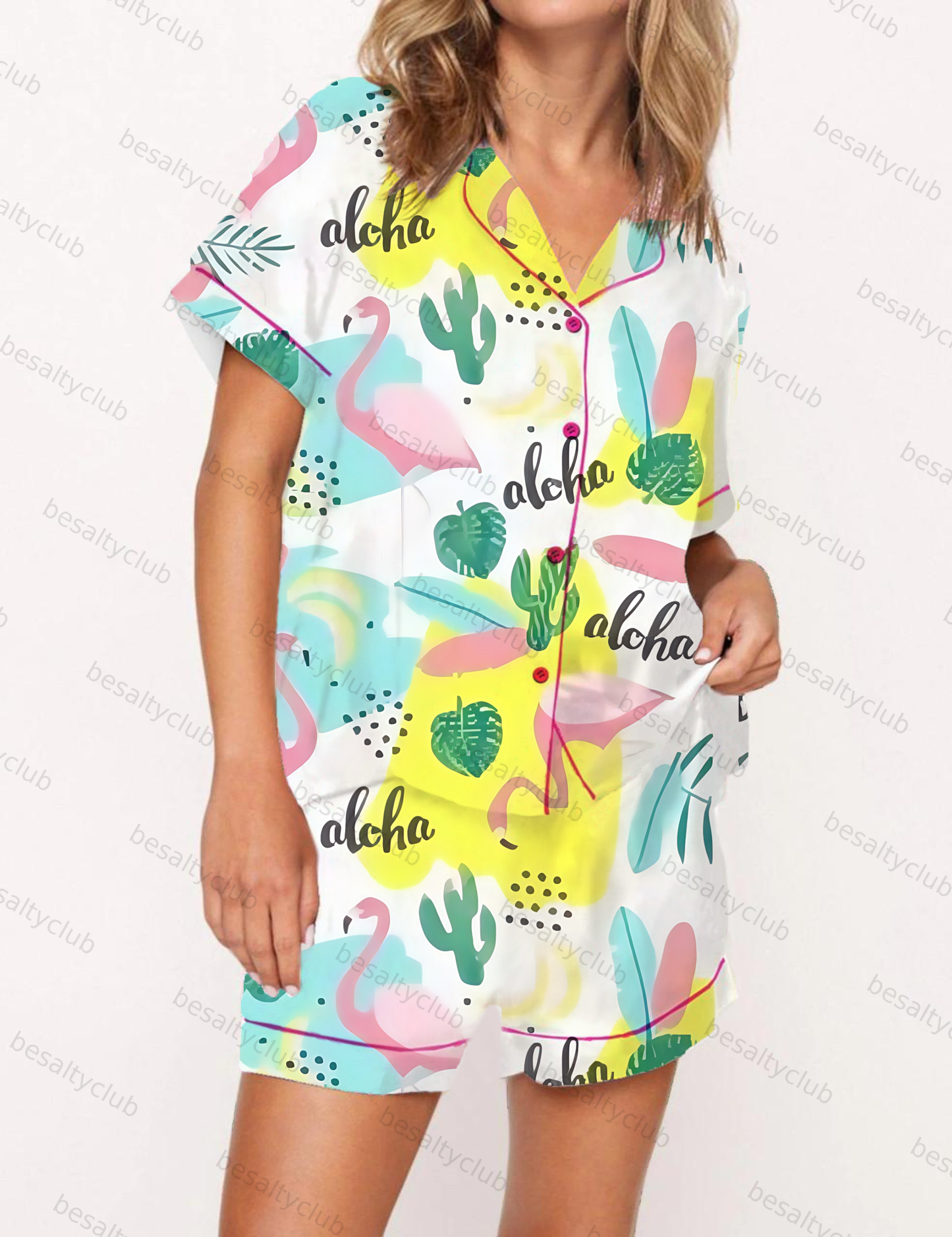 Tropical Flamingo Cactus Print Satin Pajama Short Set