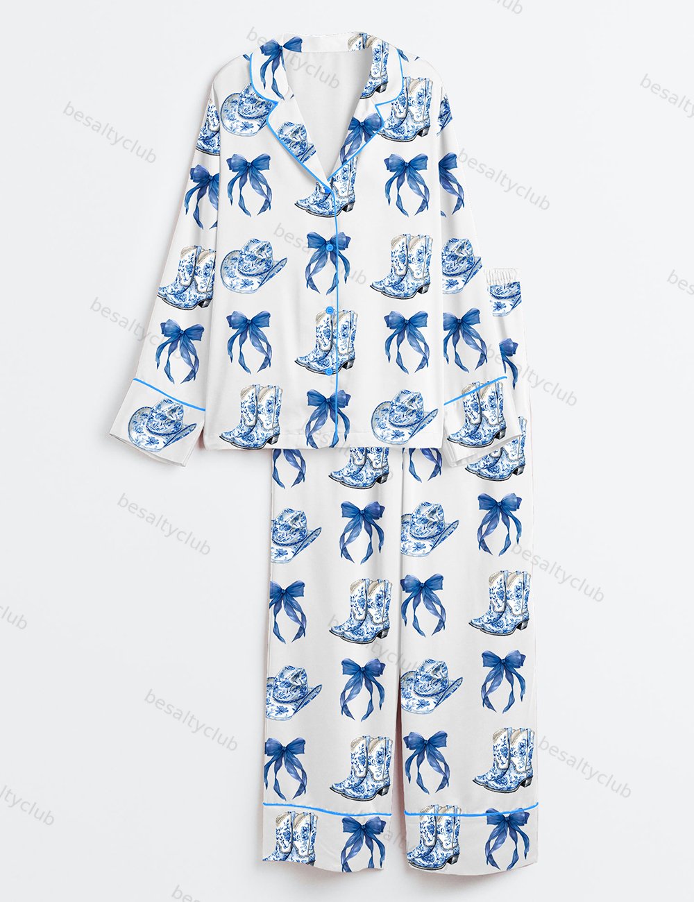 Blue Chinoiserie Cowgirl Blue Toile Bow & Boots Blue And White Western Long Sleeve Satin Pajama Set