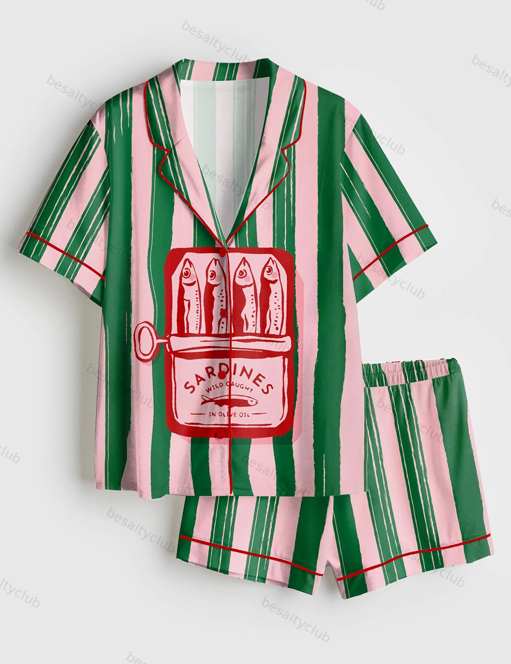 Sardines Summer Beach Aesthetic Sardines Girly Summer Ocean Beach Art Print Short Sleeve Satin Pajama Set