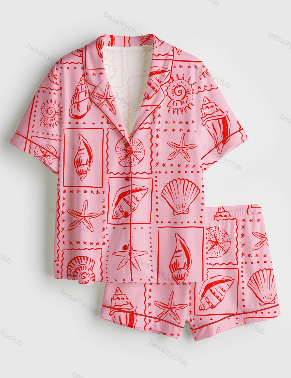 Repetitive Pink Seashells Summer Preppy Print Short Sleeve Satin Pajama Set