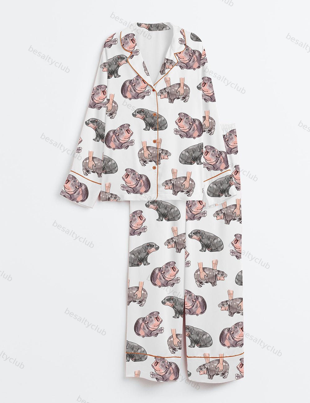 Moo Deng Baby Hippo Satin Long Sleeve Pajama Set