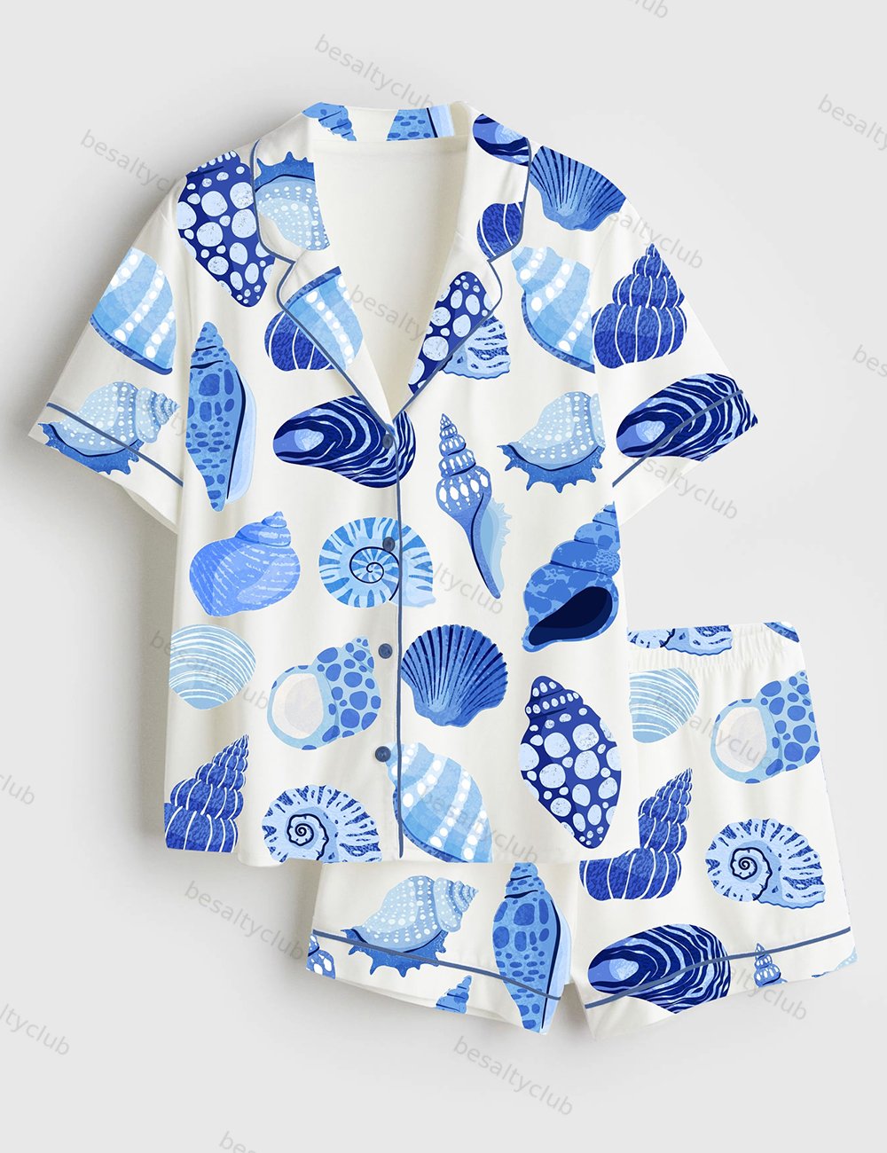 Summer Trip Blue Shells Coastal Summer Beach Coastal Aesthetic Bachelorette Colorful Shells Short Sleeve Satin Pajama Set