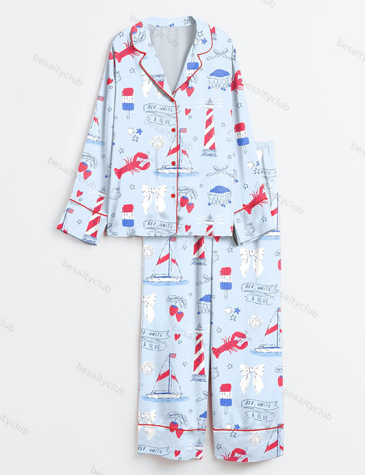 Summer Americana East Coast Red White And Blue Patriotic 4th Of July Long Sleeve Satin Pajama Set