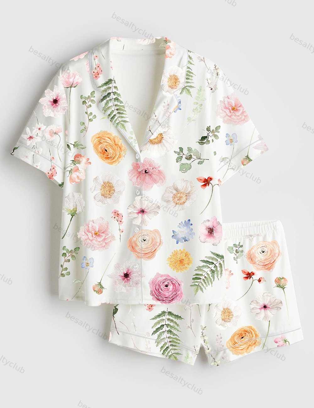 Romance Floral Watercolor Flower Wedding Flower Watercolor Bouquet Spring Flower Print Short Sleeve Satin Pajama Set