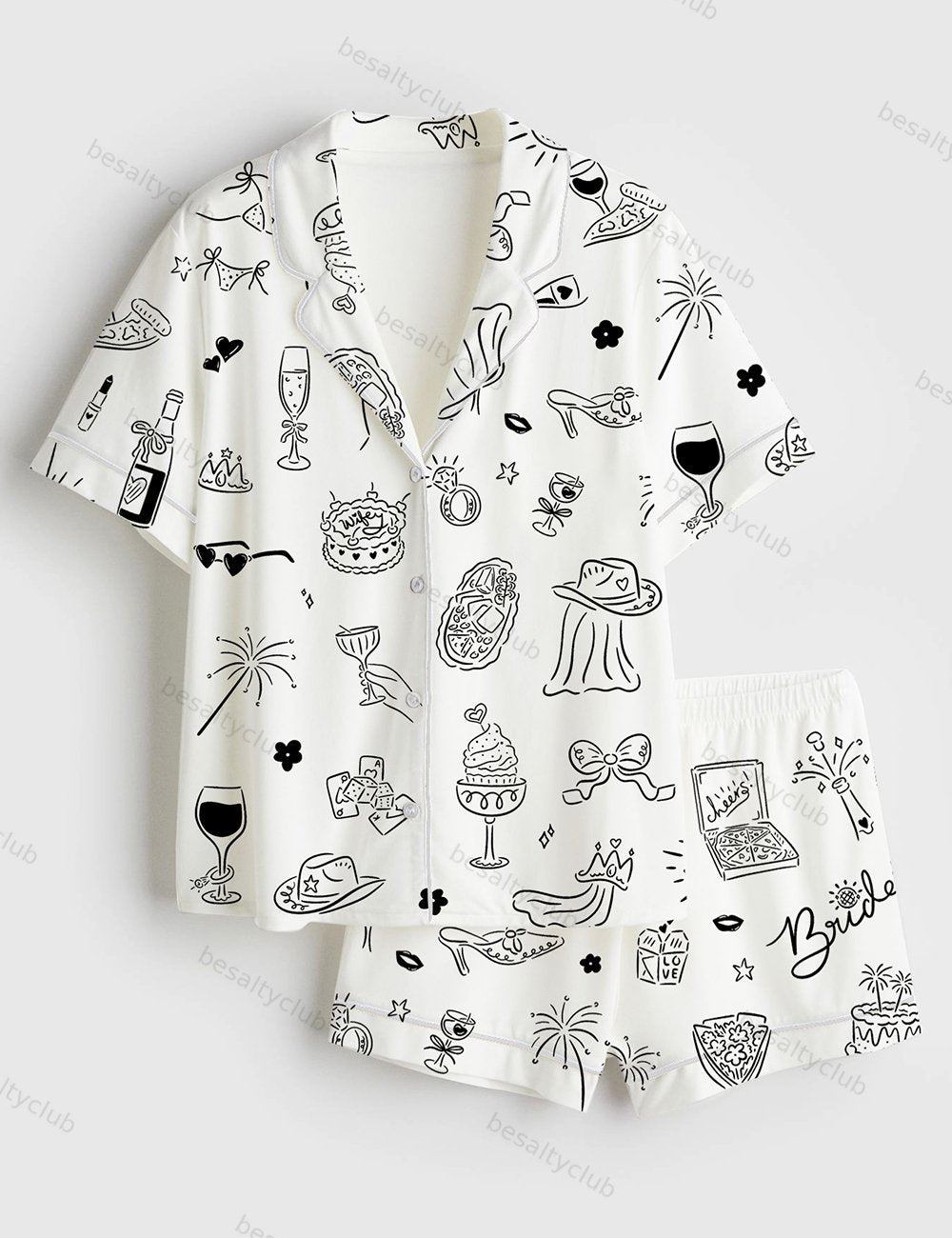 Hand Drawn Bachelorette Doodle Whimsical Handdrawn Girls Night Bach Party Short Sleeve Satin Pajama Set