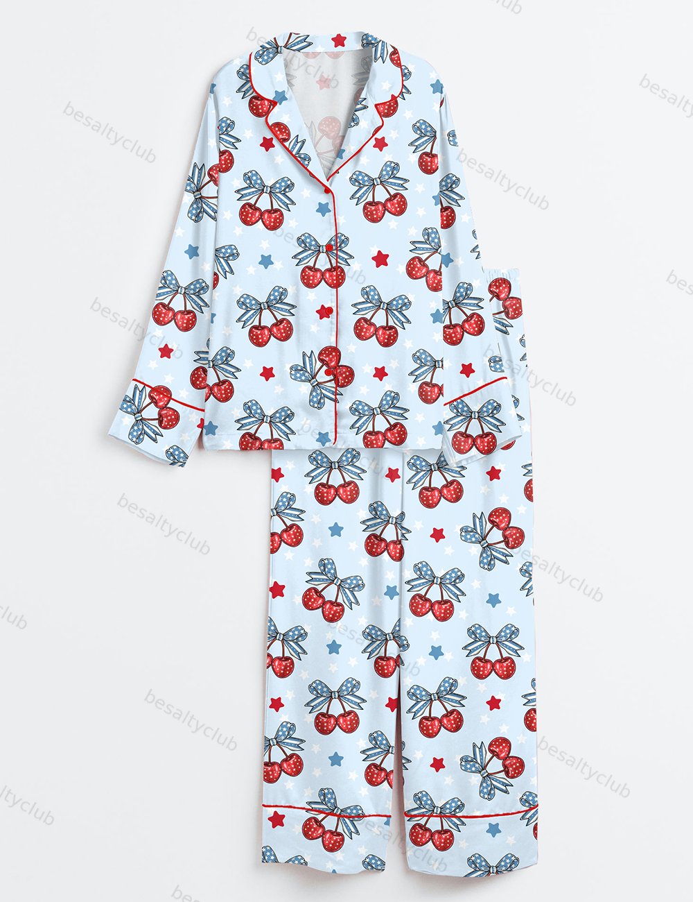 Patriotic 4th Of July Cherry Coquette Bow Print Long Sleeve Satin Pajama Set