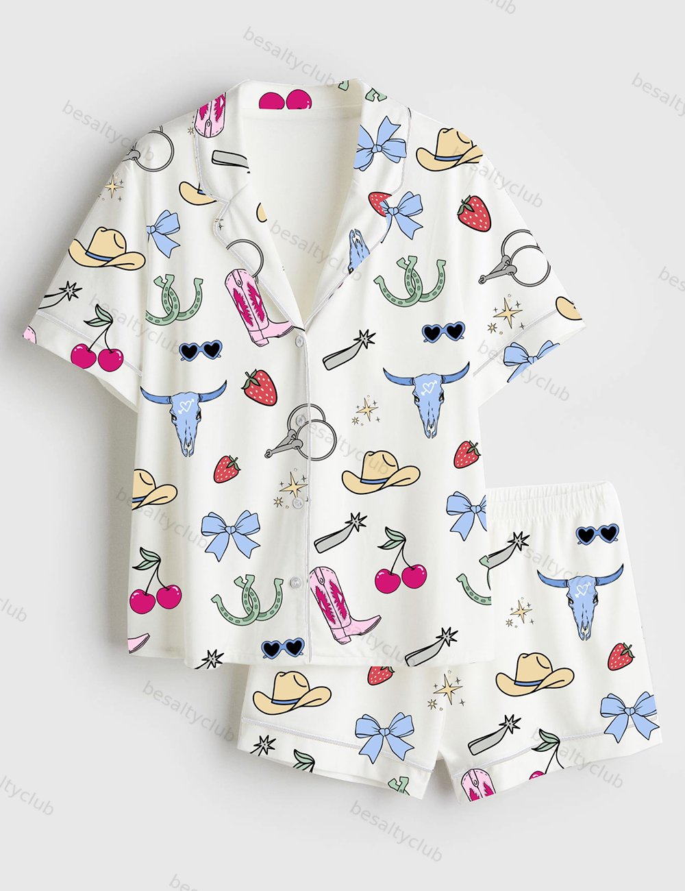 Wild West Sassy Cowgirl Boots Coquette Cowgirl Western Country Music Short Sleeve Satin Pajama Set