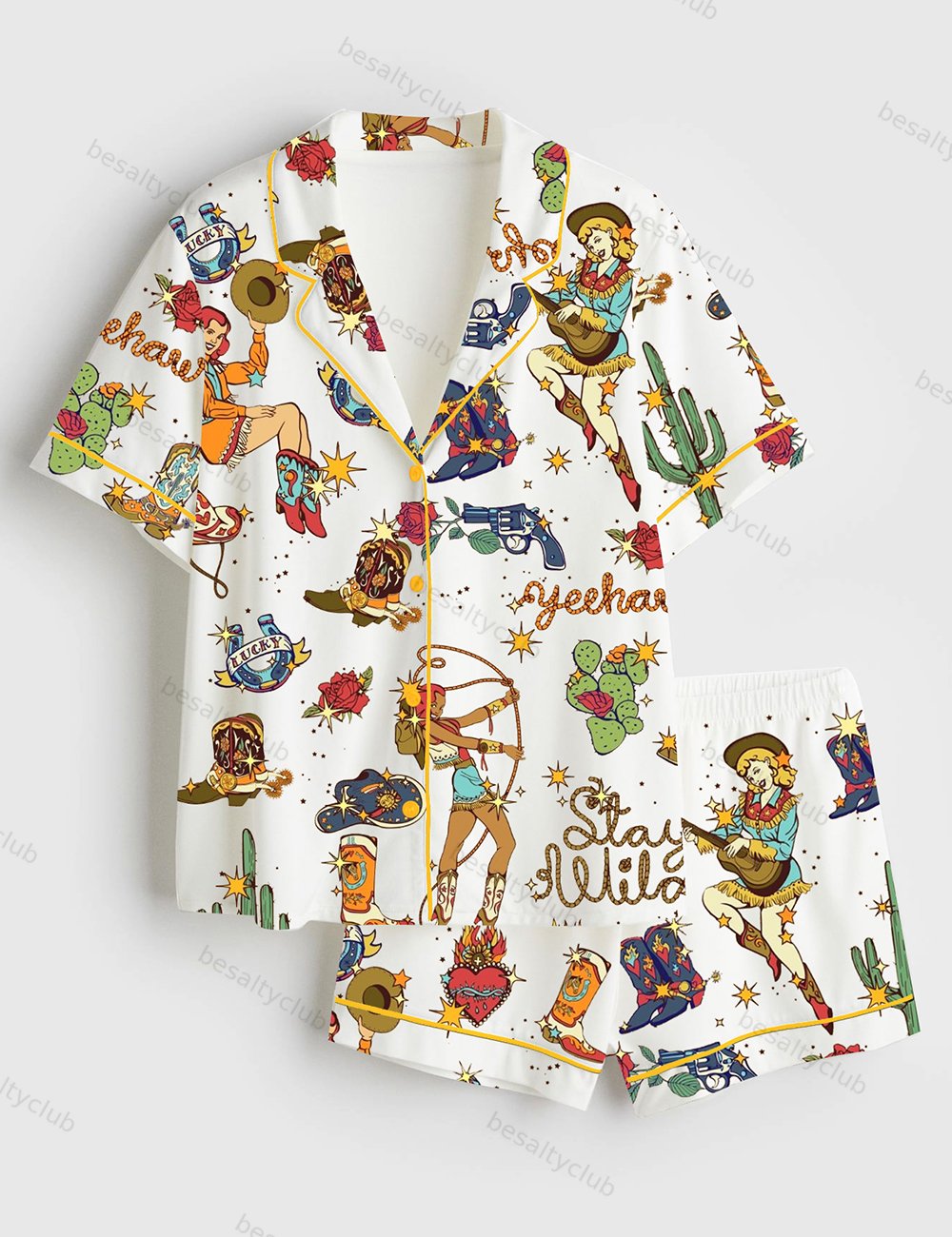 Western Cowboys Yeehaw Stay Wild Short Sleeve Satin Pajama Set