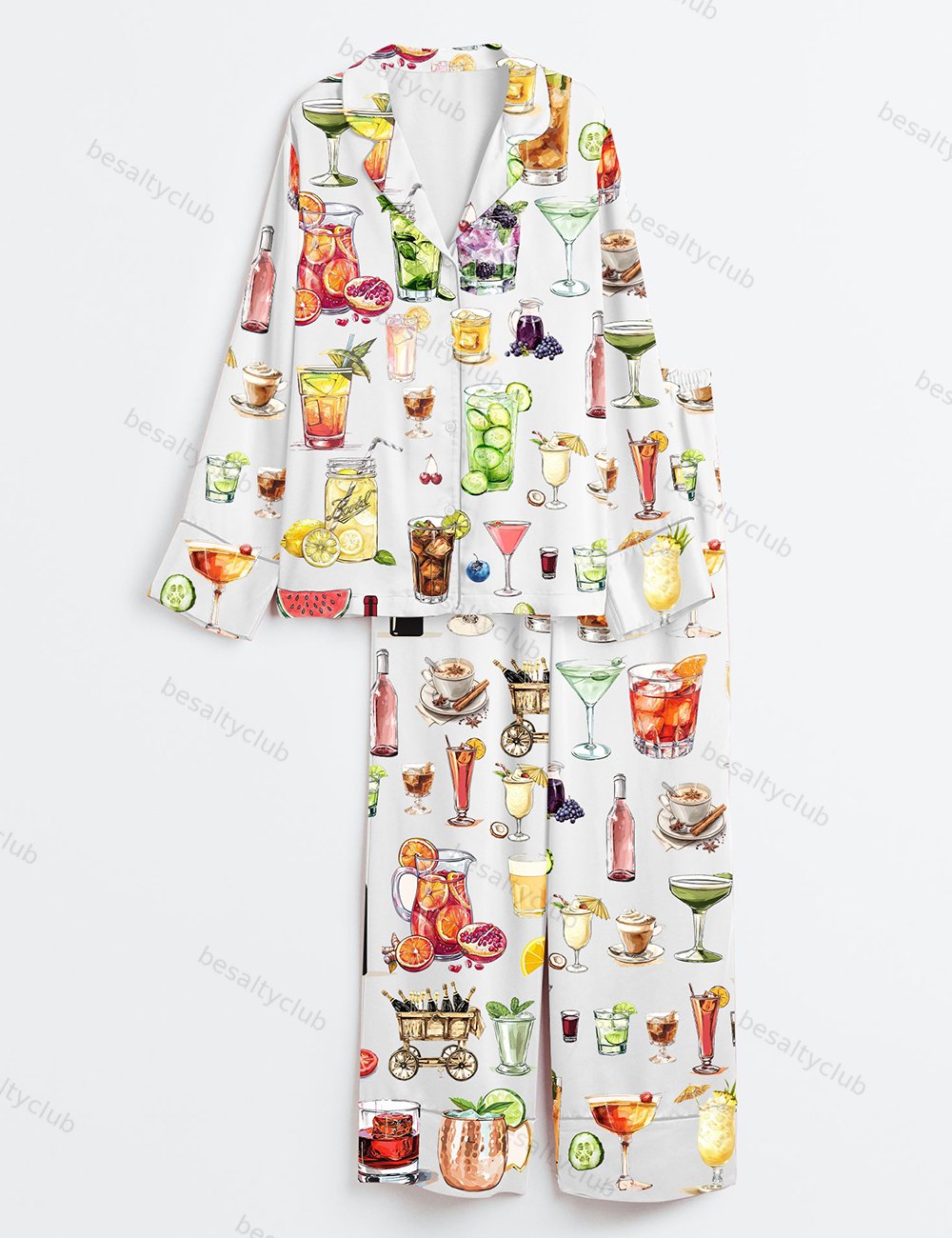 Watercolor Cocktail Aperol Spritz Margarita Old Fashioned Long Sleeve Satin Pajama Set