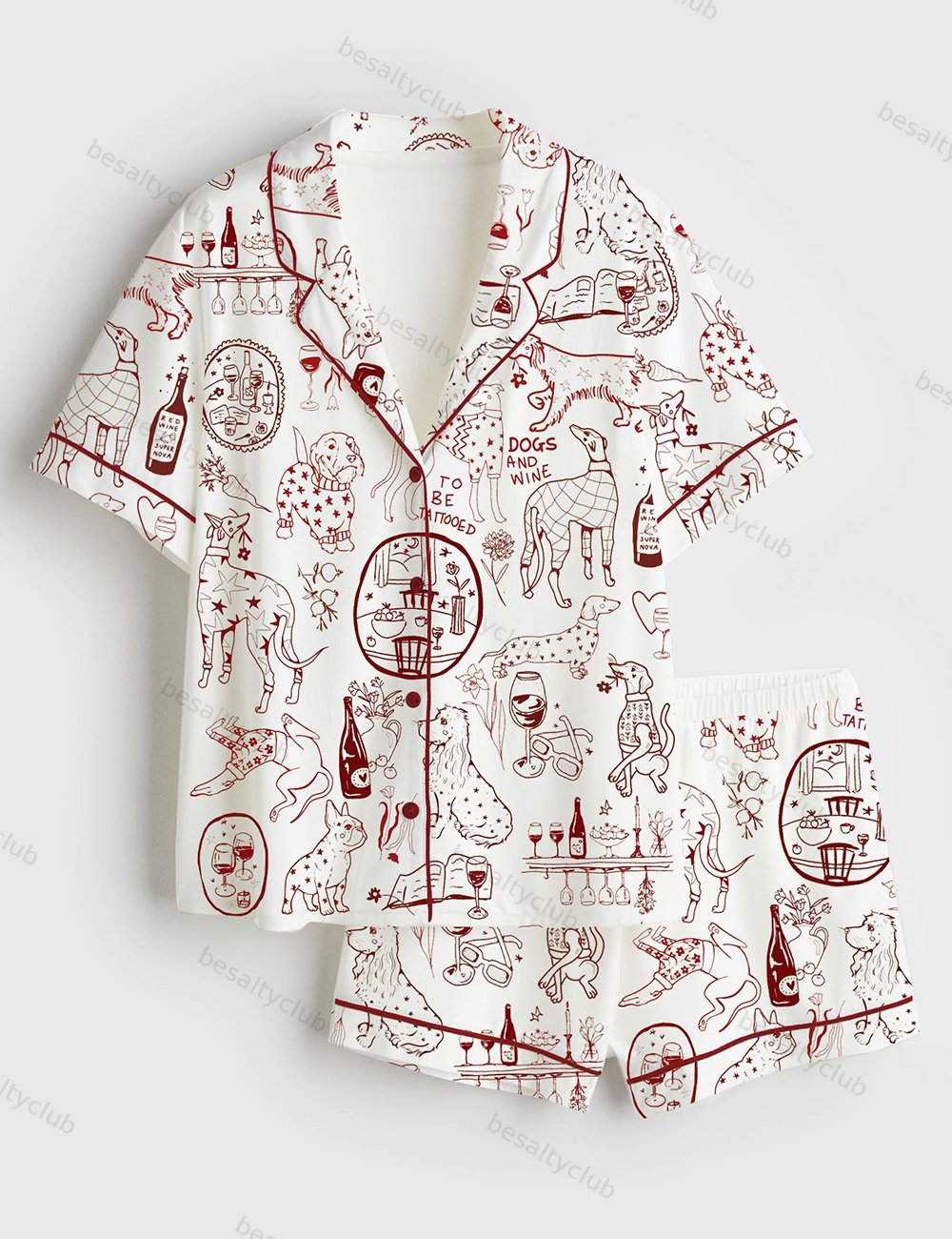 Dog And Wine Short Sleeve Satin Pajama Set