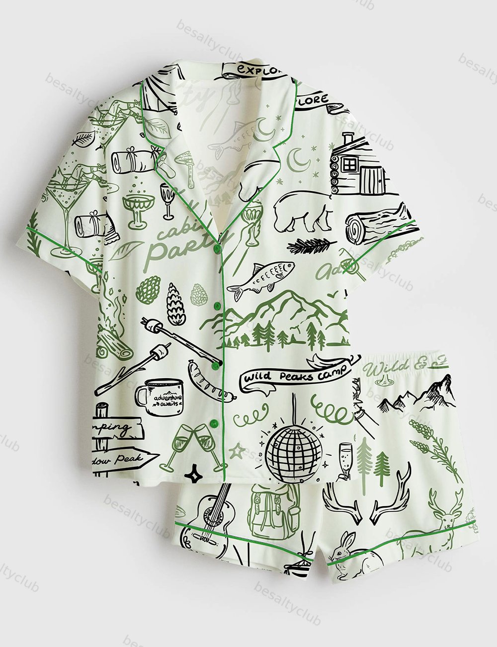 Outdoor Whimsical Style Hand Drawn Cabin Party Camping Wilderness Print Short Sleeve Satin Pajama Set