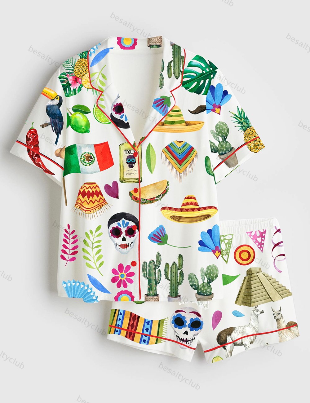 Watercolor Travel Mexican Party Short Sleeve Satin Pajama Set