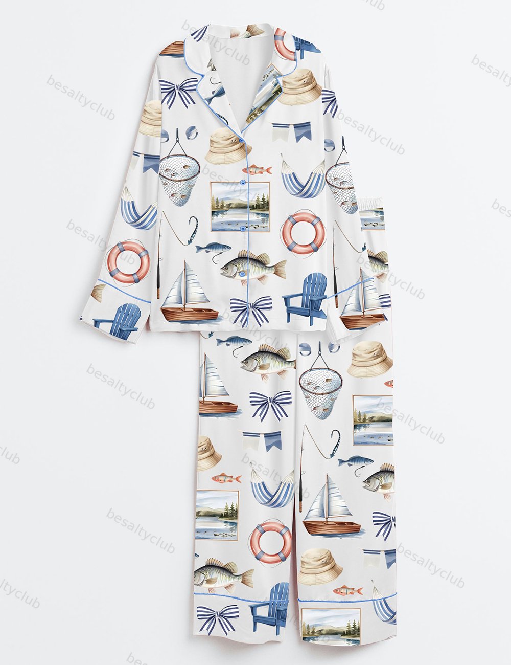 Lake Life Coastal Vacation Summer Vibes Long Sleeve Satin Pajama Set