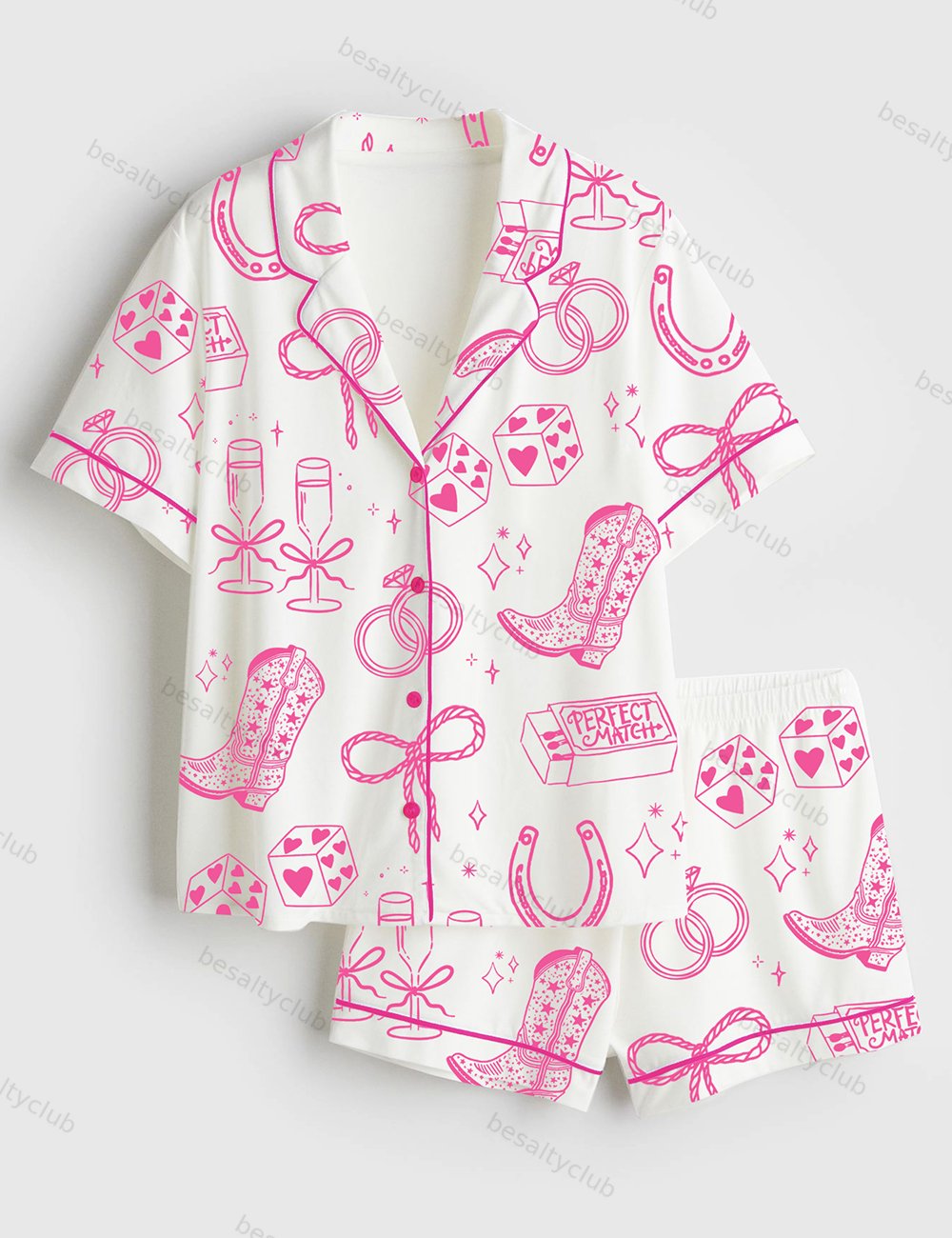 Going To The Chapel Cowgirl Bride Coquette Bridal Bow Floral Wedding Short Sleeve Satin Pajama Set