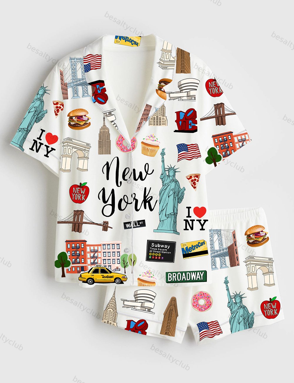 New York Travel GoodNotes Independence Day Short Sleeve Satin Pajama Set