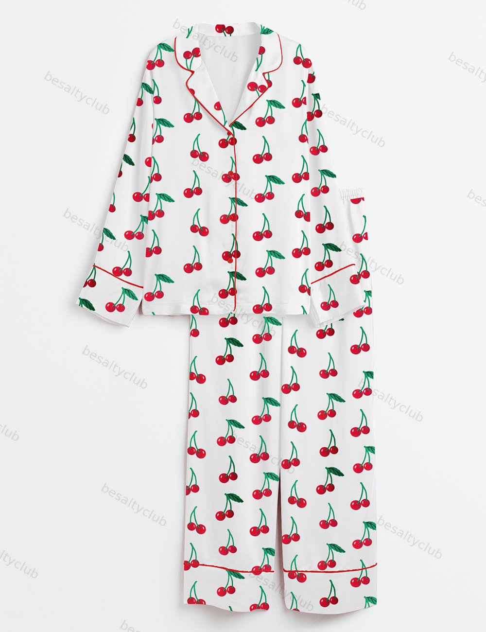 Cherry Cute Print Long Sleeve Satin Pajama Set