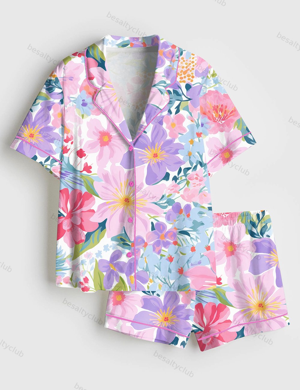 Purple Ditsy Flowers Ditsy Floral Girly Pink And Purple Cute Ditsy Floral Print Short Sleeve Satin Pajama Set