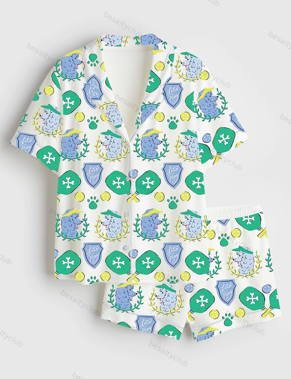 Dog Pickleball Art Short Sleeve Satin Pajama Set