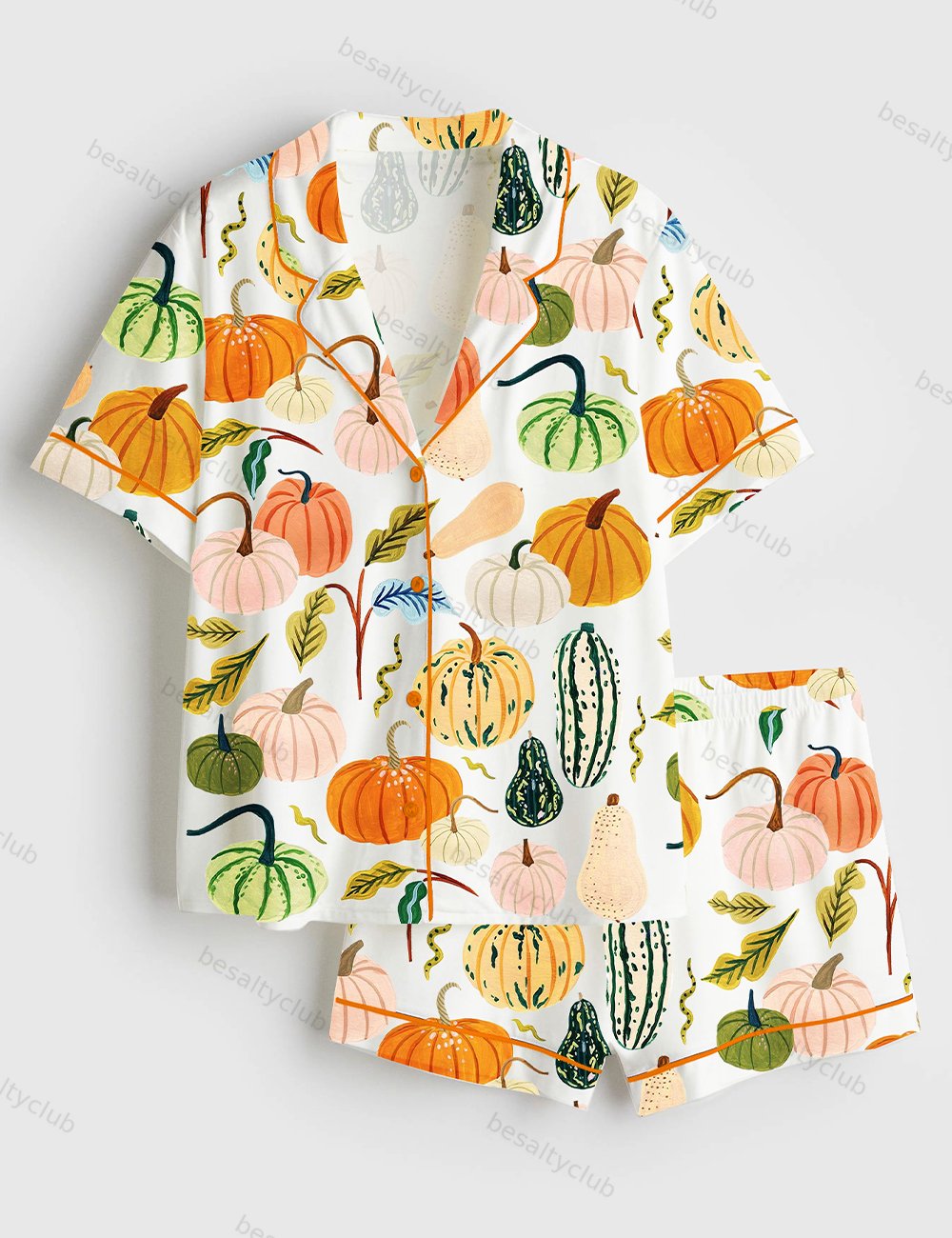 Watercolor Pumpkins Fall Season Fall Leaves Girl Pumpkin Spice Autumn Pumpkin Halloween Short Sleeve Satin Pajama Set