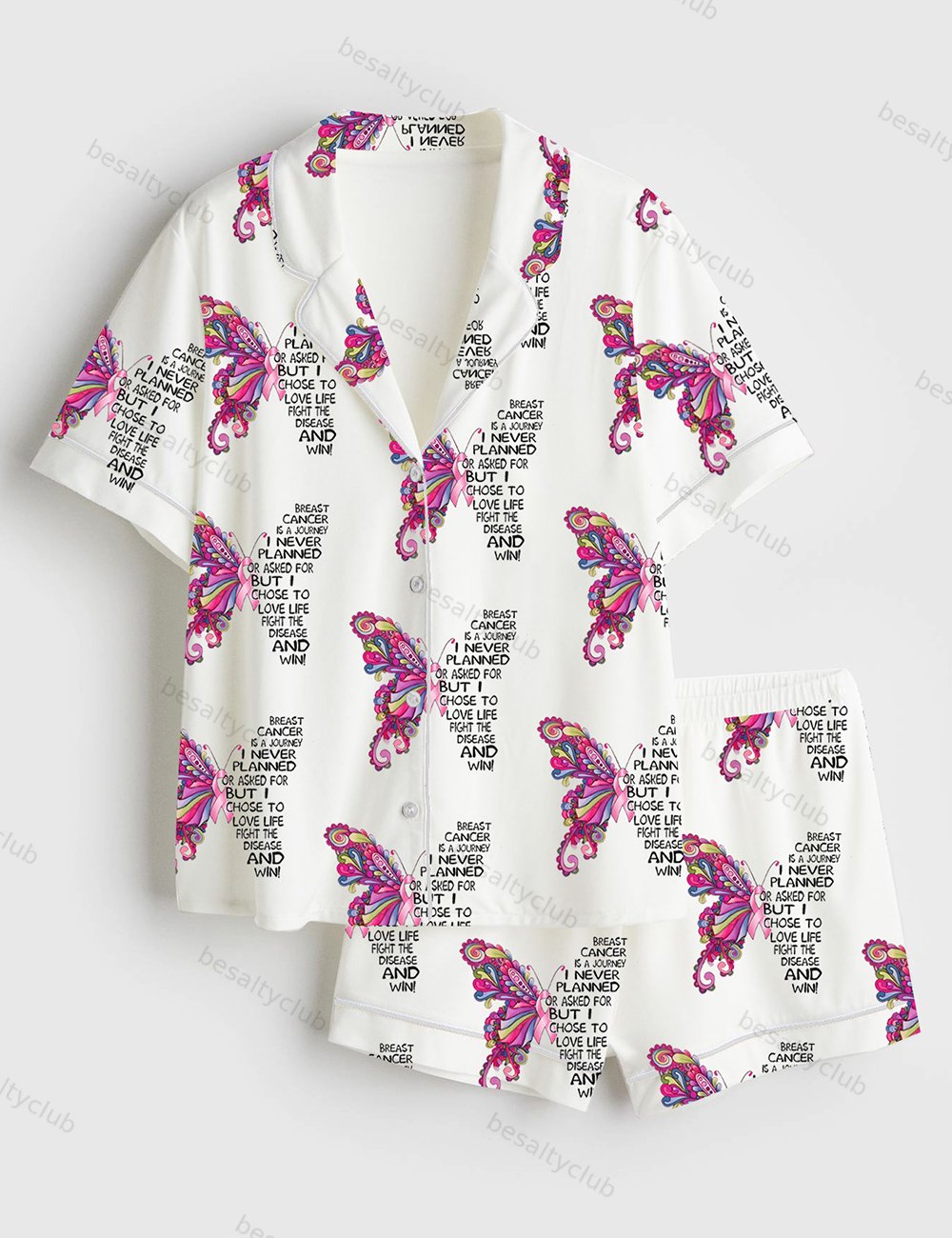 Breast Cancer Awareness Cancer Hope Pink Ribbon Pink Butterfly Print Short Sleeve Satin Pajama Set