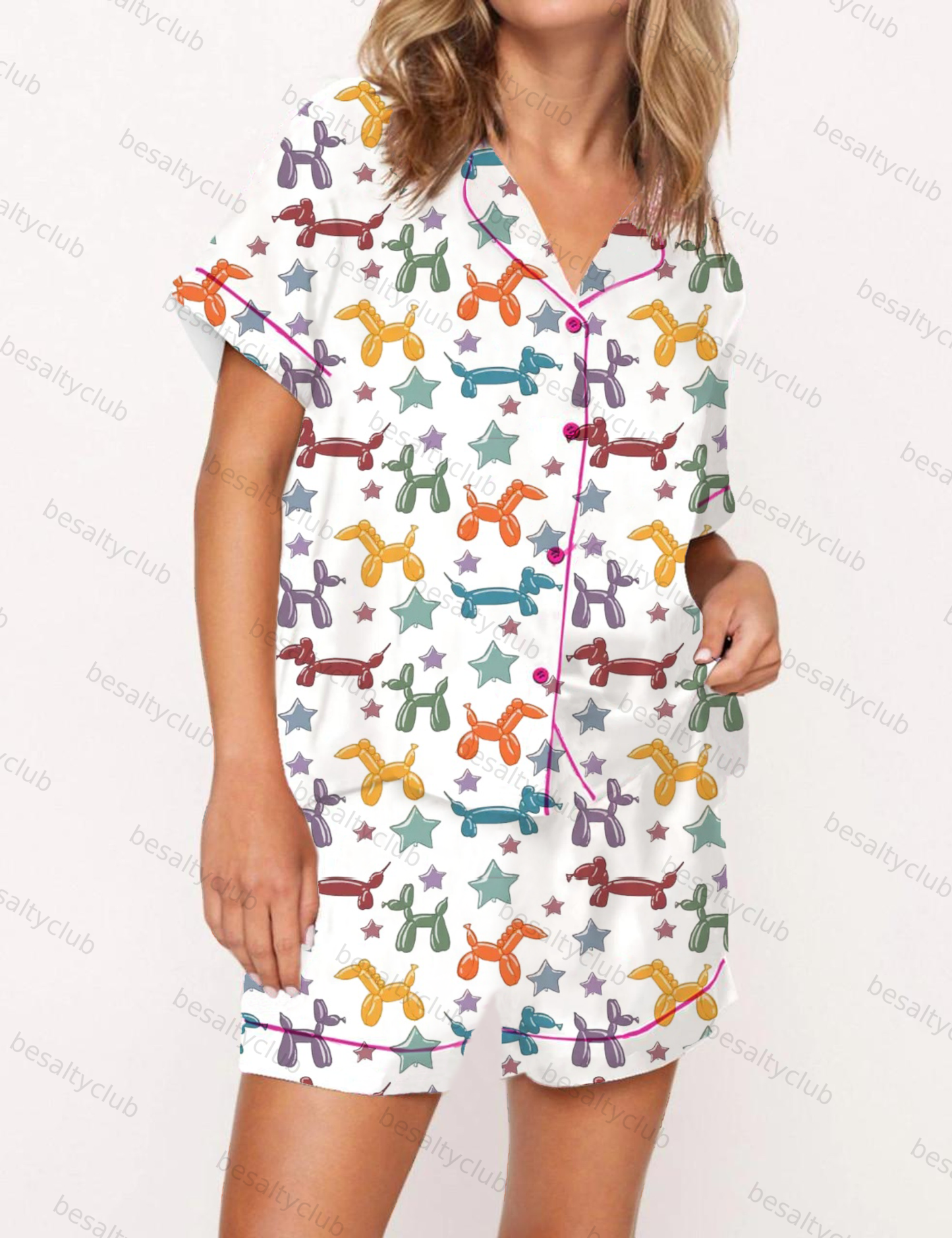 Balloon Dachshund Pattern Satin Pajama Short Set
