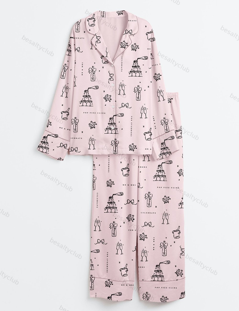 Wedding Bridal And Champagne Long Sleeve Satin Pajama Set