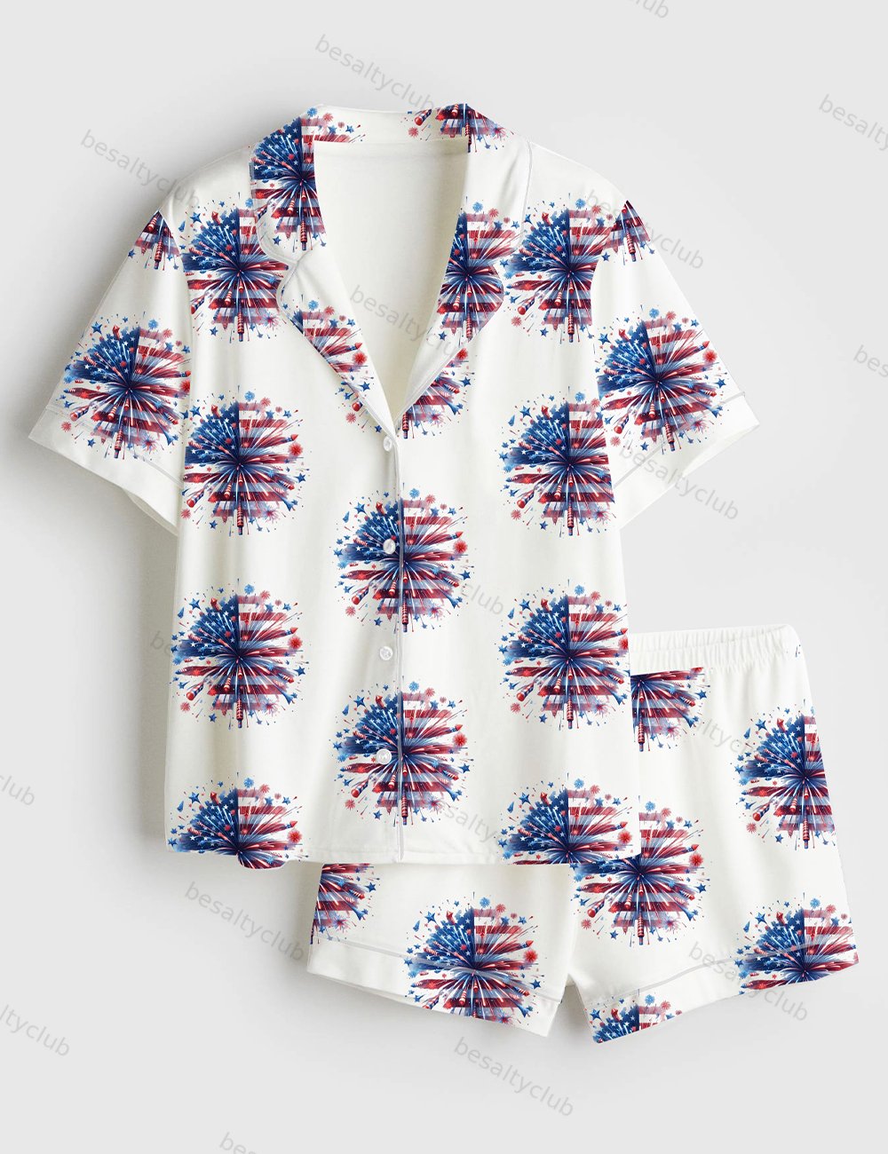 USA Firework Women 4th Of July Independence Day America Red White Blue Patriotic Print Short Sleeve Satin Pajama Set