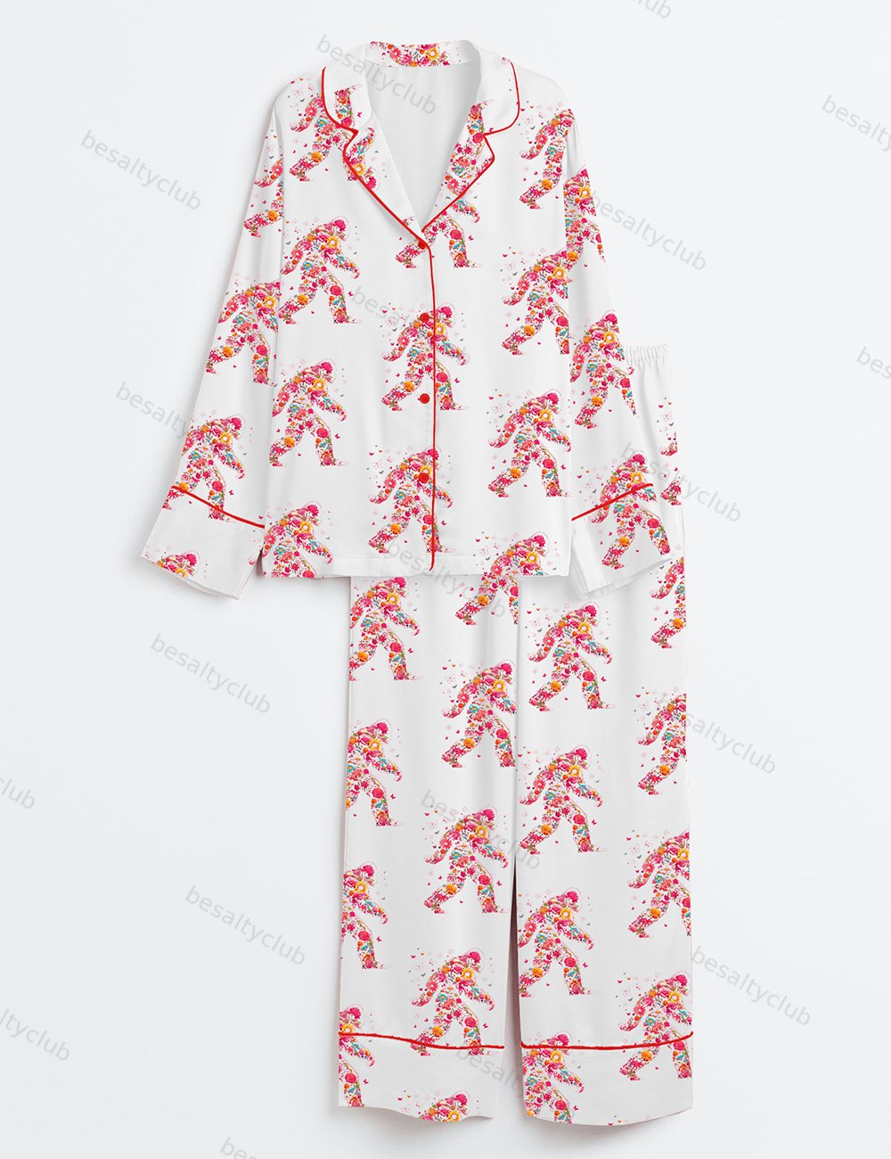 Big Foot Cute Floral Big Foot Adventure Nature Lover Print Long Sleeve Satin Pajama Set