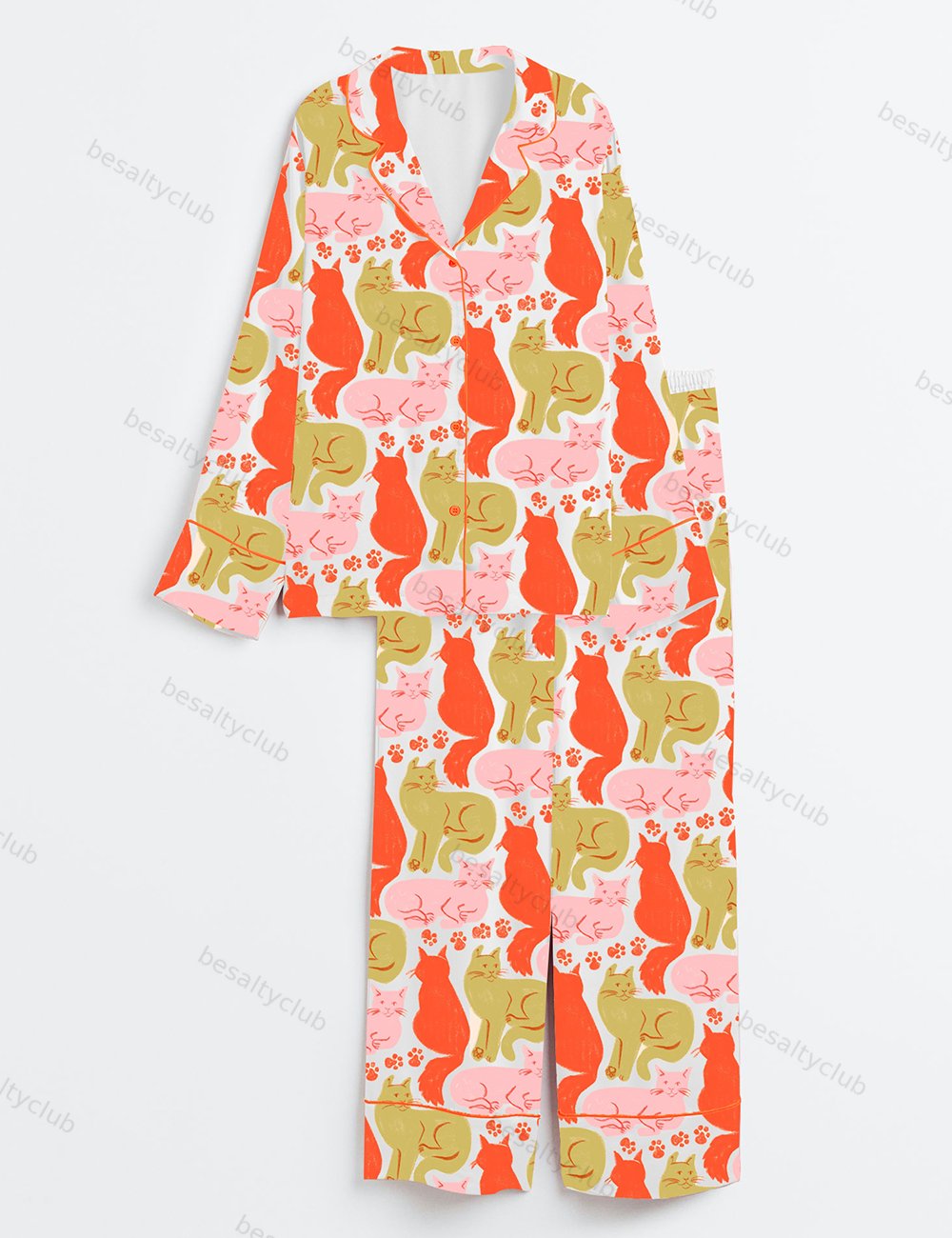 Colorful Cute Cat Long Sleeve Satin Pajama Set