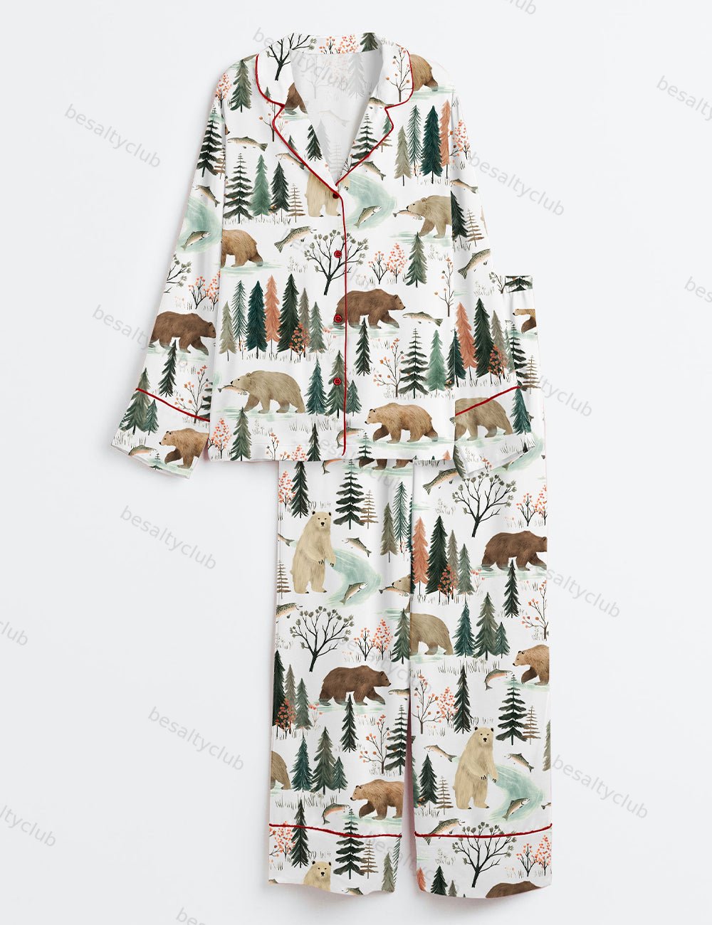 Fishing Bear Woodland Long Sleeve Satin Pajama Set