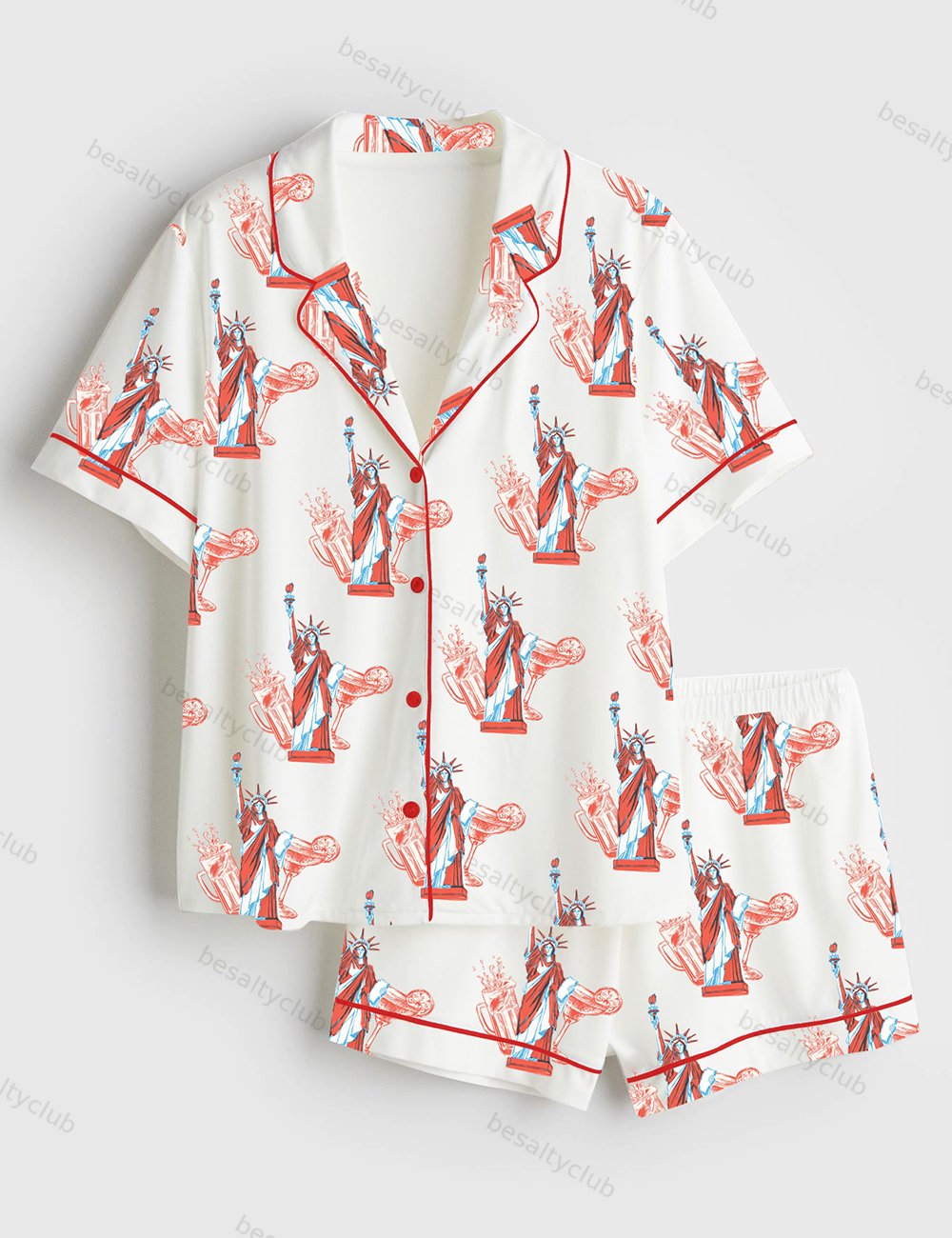 Red White And Boozy Beer Cocktail Club 4th Of July Short Sleeve Satin Pajama Set