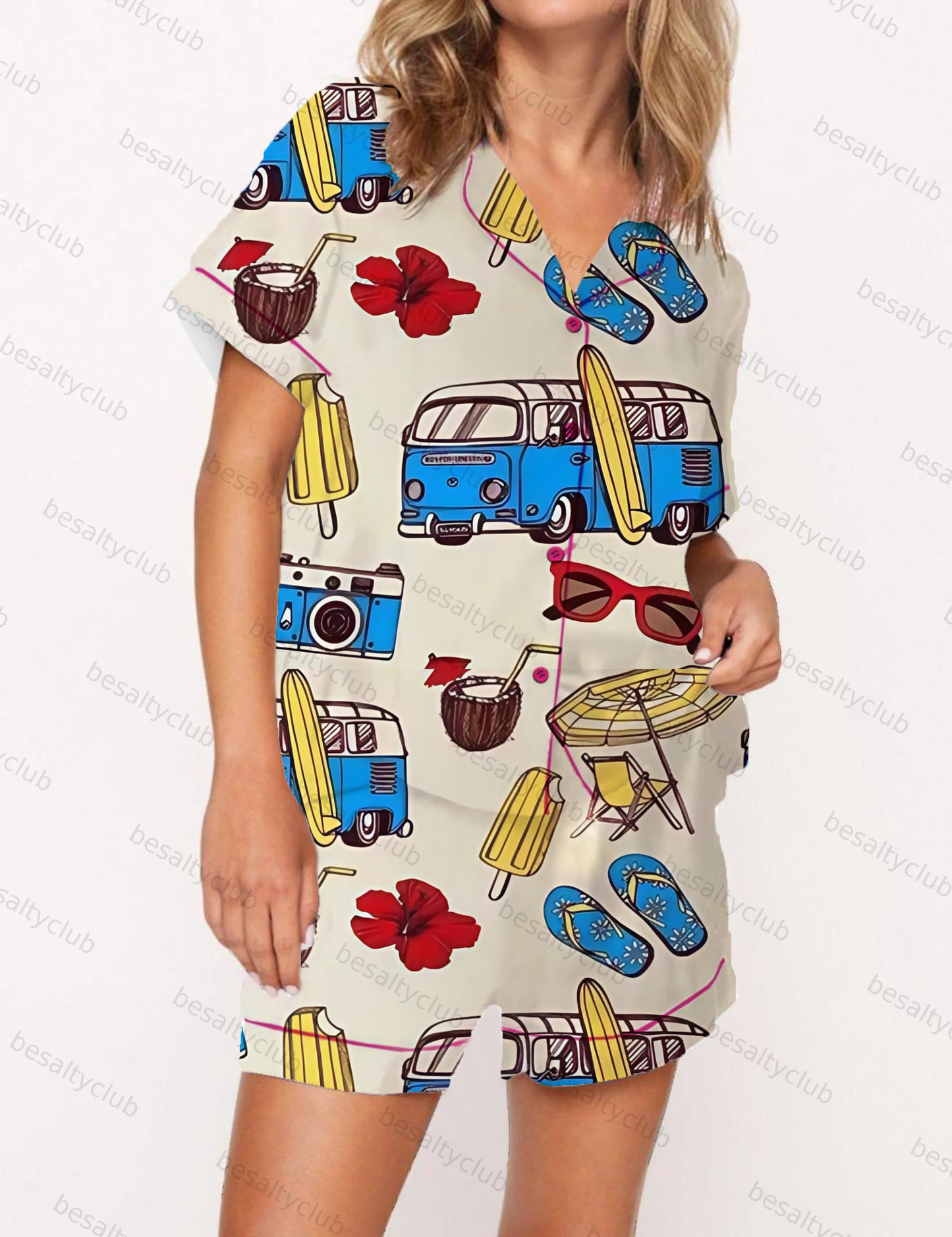 Retro Summer Elements Vacation Satin Pajama Short Set