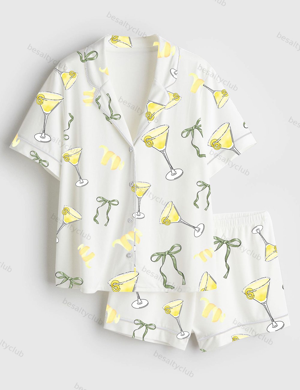 Coquette Bow Lemon Drop Martini Short Sleeve Satin Pajama Set