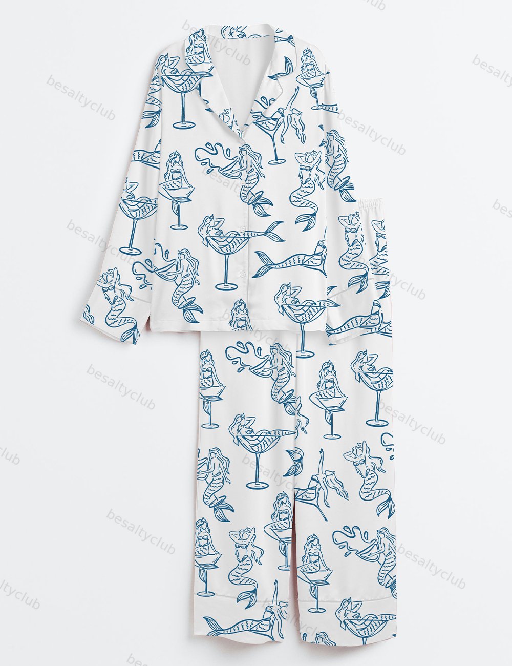 Hand Drawn Mairmaid In Martini Girl In Martini Glass For Bachelorette Whimsical Style Print Long Sleeve Satin Pajama Set