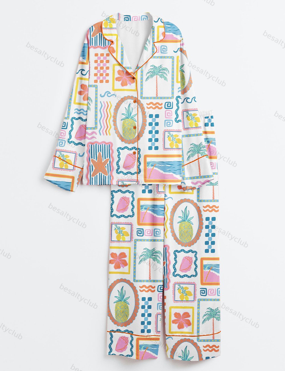 Trendy Beach Patchwork Summer Seashells Girly Summer Print Long Sleeve Satin Pajama Set