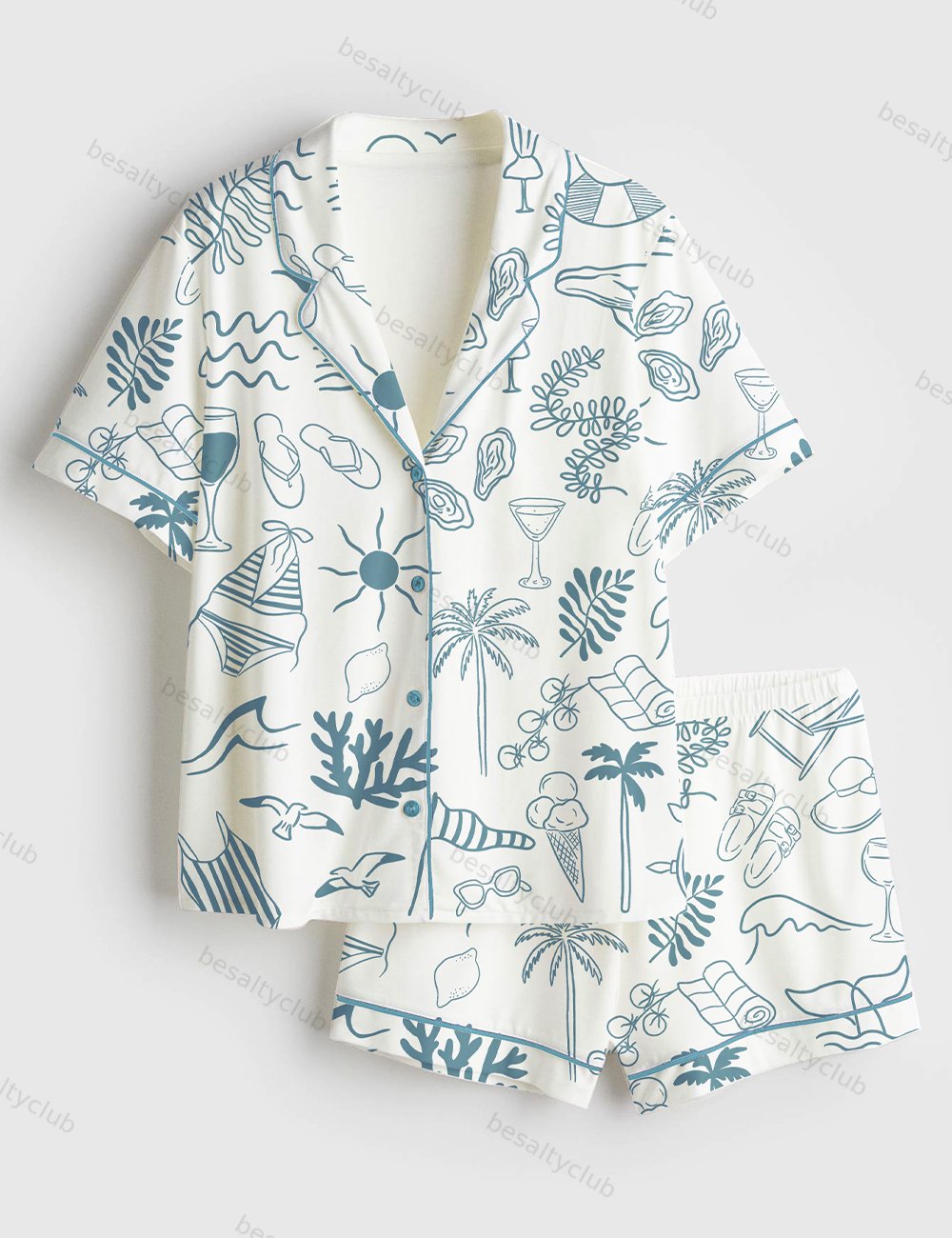 Hand Drawn Summer Beach Ocean Coastal Summer Nautical Print Short Sleeve Satin Pajama Set