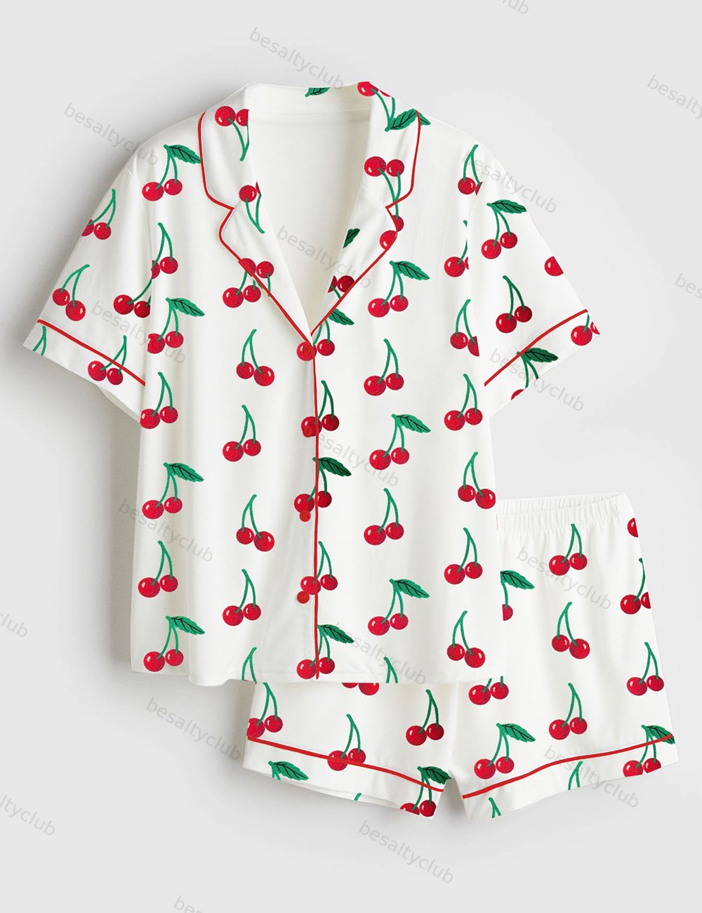 Cherry Cute Print Short Sleeve Satin Pajama Set