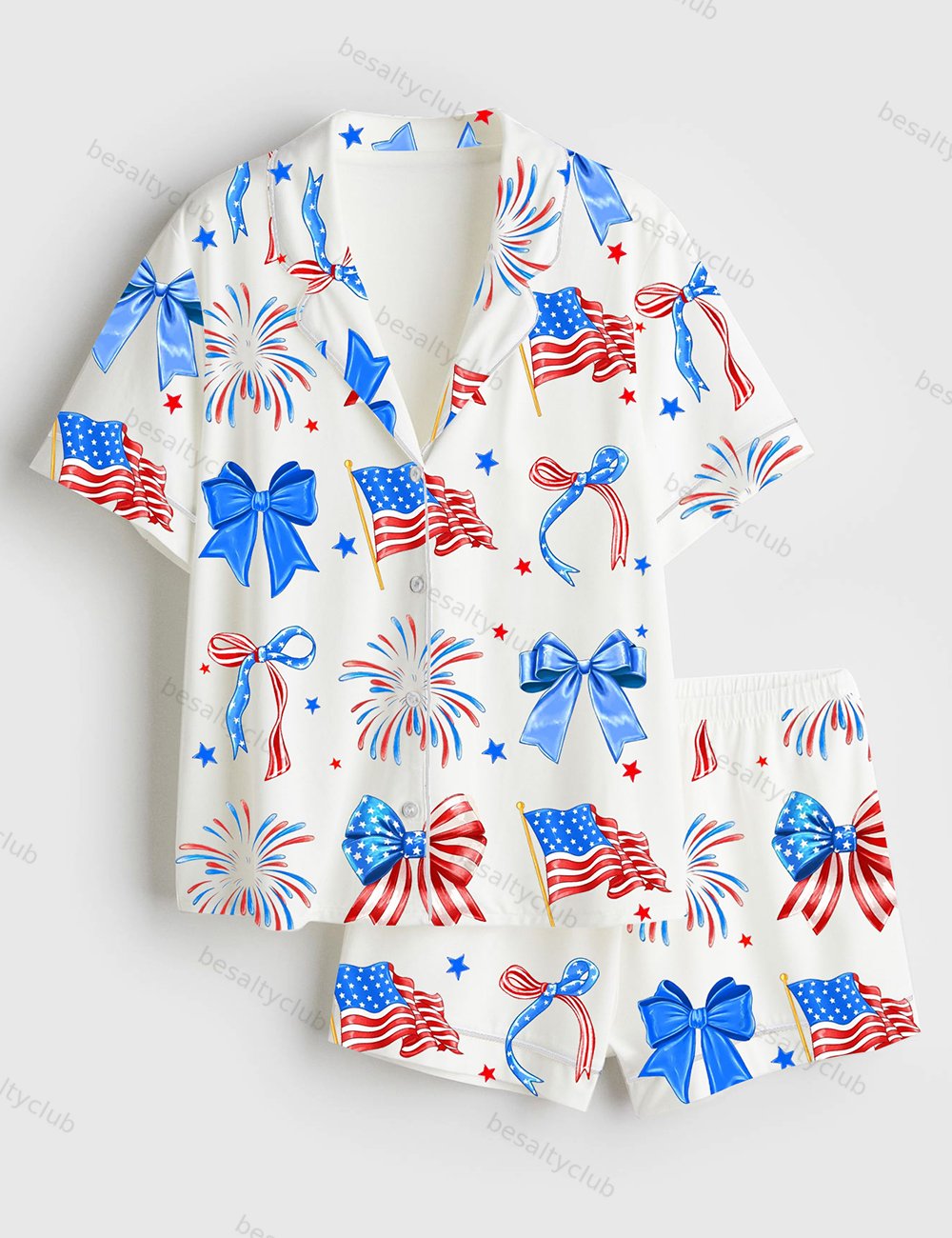 4th Of July Coquette Bow USA Flag Red And White Blue Coquette Short Sleeve Satin Pajama Set