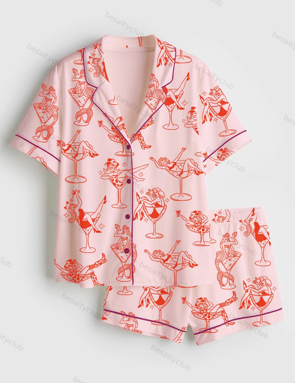 Cowgirl Girl Woman In Martini Glass Mermaid Catgirl In Glass Short Sleeve Satin Pajama Set