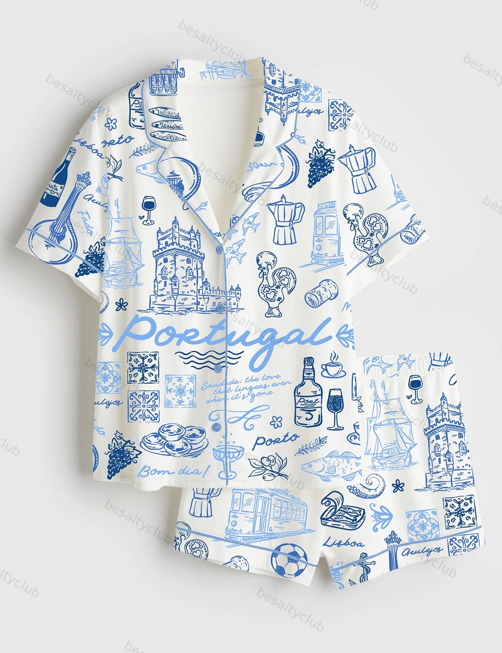Portugal Whimsical Style Illustration Short Sleeve Satin Pajama Set
