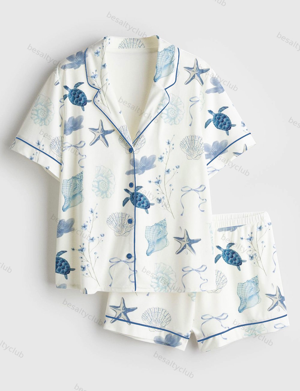 Summer Beach Ocean Coastal Summer Nautical Turtle Conch Bow Short Sleeve Satin Pajama Set
