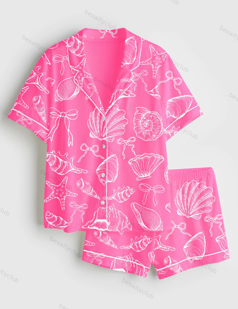 Coquette Seashell Beach Coastal Summer Vibes Print Short Sleeve Satin Pajama Set