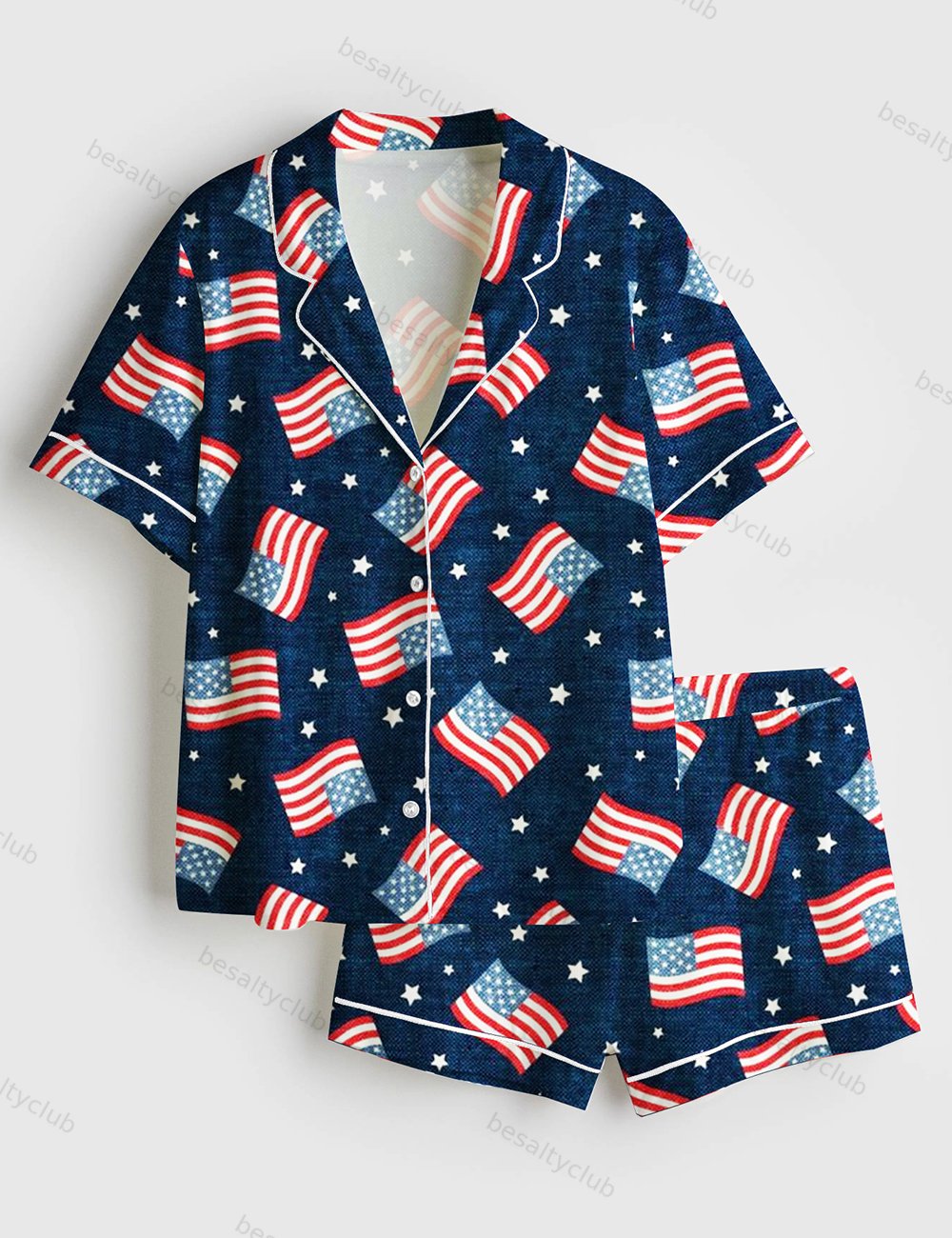 Fourth Of July Red White Blue USA Flag America Stars And Flags Short Sleeve Satin Pajama Set